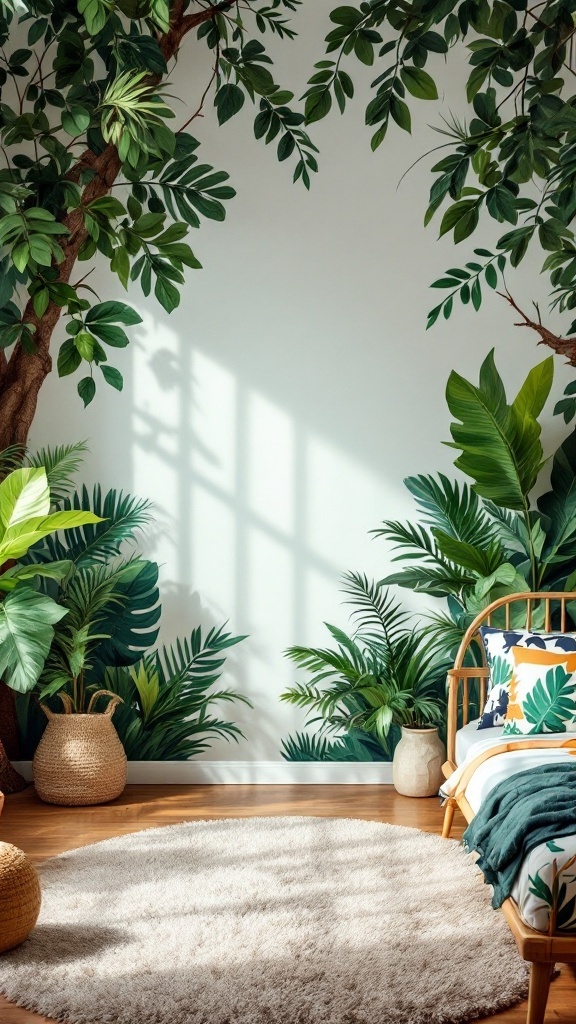 A jungle safari themed boys' bedroom with tropical plants and a cozy rug