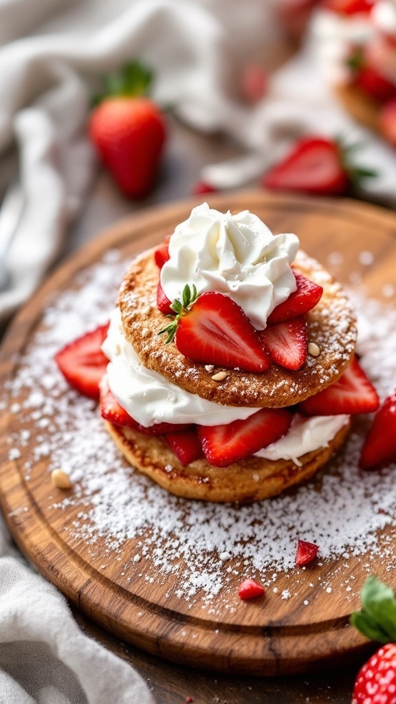 A delicious almond flour strawberry shortcake served with fresh strawberries and whipped cream.