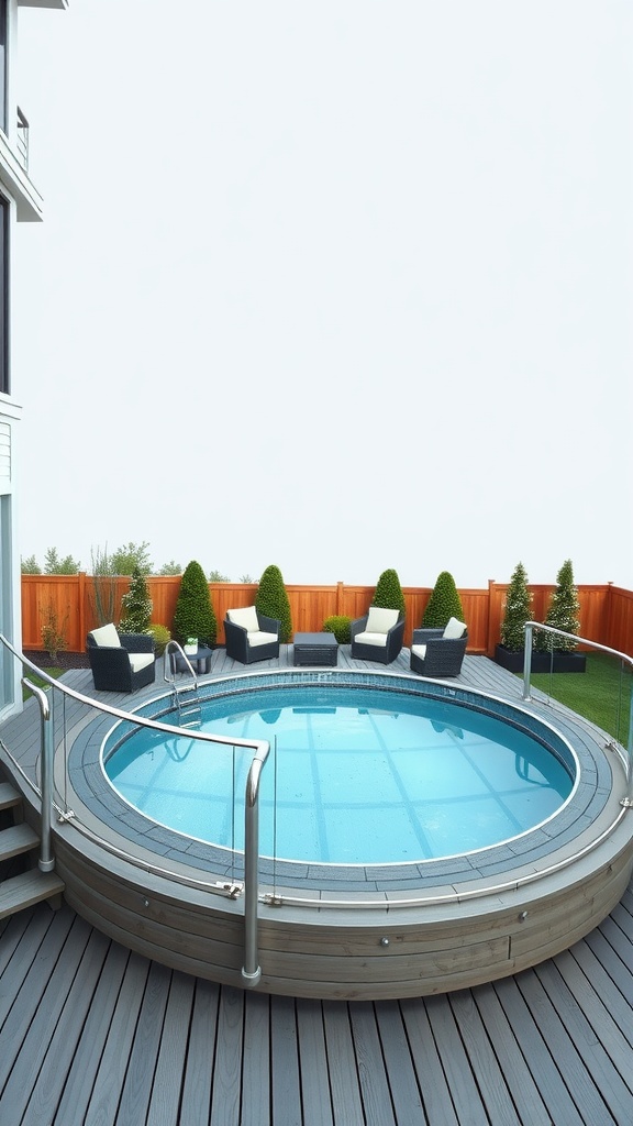 Circular above-ground pool with aluminum deck and modern railings, surrounded by seating and greenery.