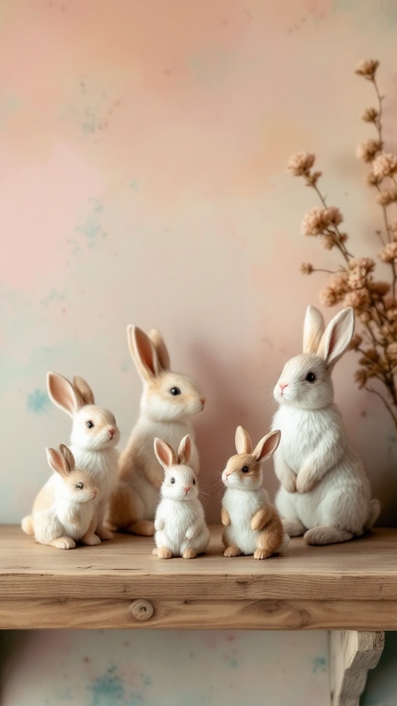 A collection of antique bunny figurines on a wooden shelf, featuring various sizes and poses against a pastel backdrop.