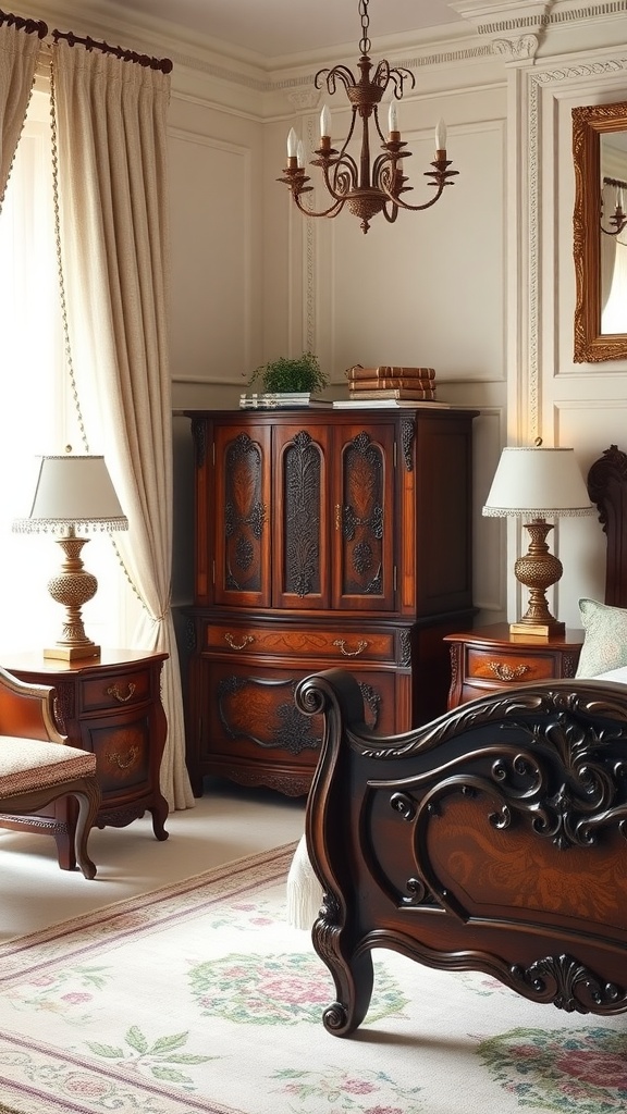 A vintage princess aesthetic bedroom featuring antique furniture with a wooden bed, nightstands, and a chandelier.