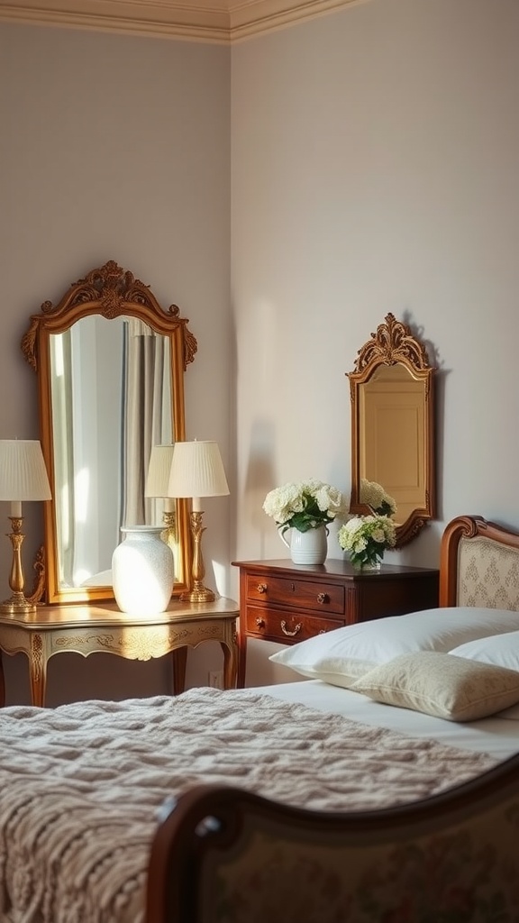 A vintage bedroom featuring antique mirrors on the wall, a cozy bed, and elegant decor.