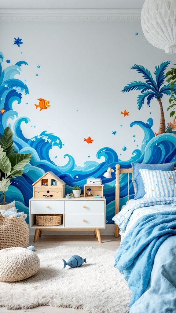 A blue bedroom featuring an aquatic theme with a mural of waves, fish, and palm trees.