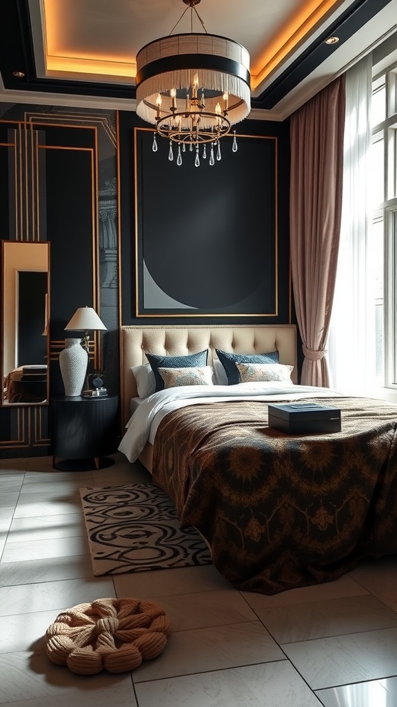A stylish Art Deco bedroom featuring dark walls, a luxurious bed with patterned blankets, elegant chandelier lighting, and a cozy rug.