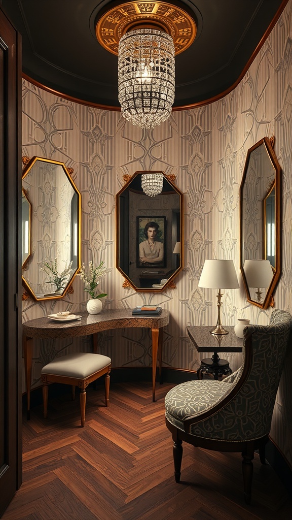 An elegant vintage dressing room featuring Art Deco elements like a crystal chandelier, ornate mirrors, and stylish furniture.