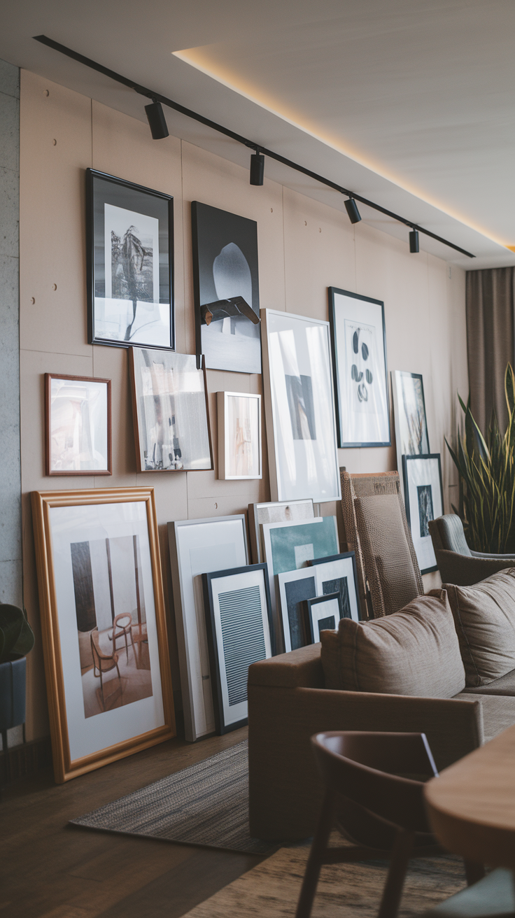 Gallery wall with various art frames in a modern living room setting.