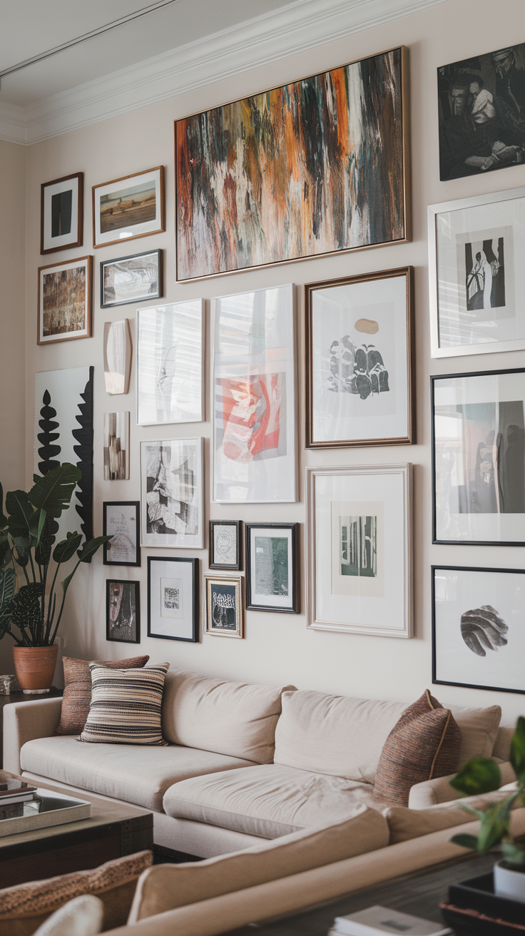 A stylish gallery wall with various framed artworks above a comfortable beige couch.