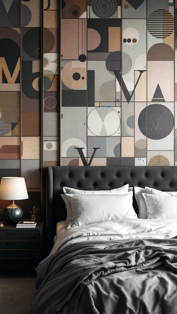 A luxury bedroom featuring an artful geometric wall treatment in muted colors.