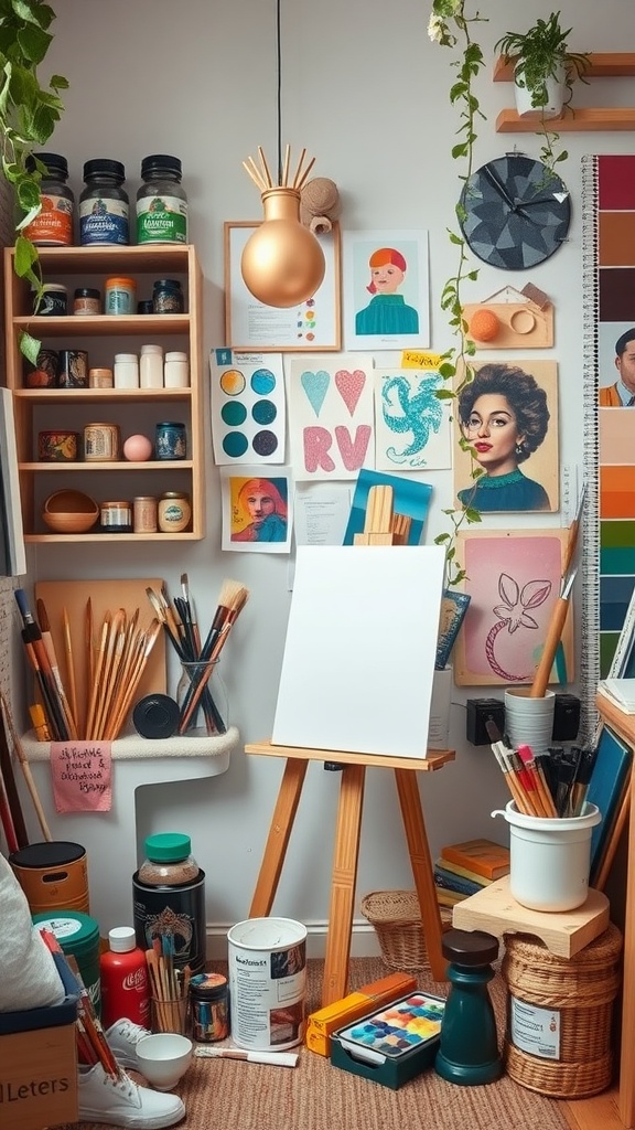 A cozy artistic corner filled with colorful art supplies, artwork, and a blank canvas on an easel.