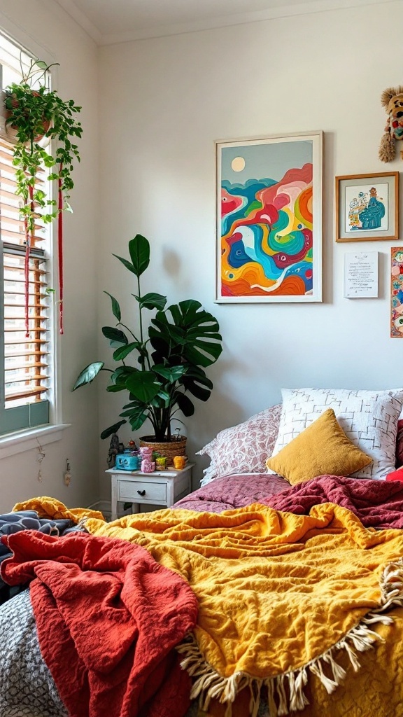 A colorful and cozy bedroom featuring vibrant wall art, layered blankets, and indoor plants.