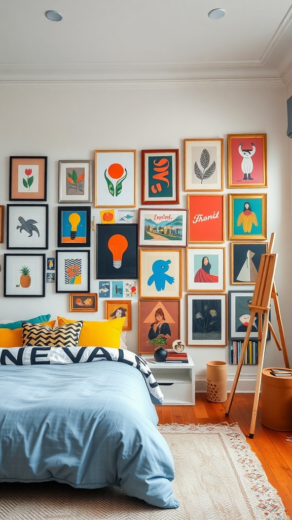 A cozy bedroom featuring a vibrant gallery wall filled with various framed artworks and colorful bedding.