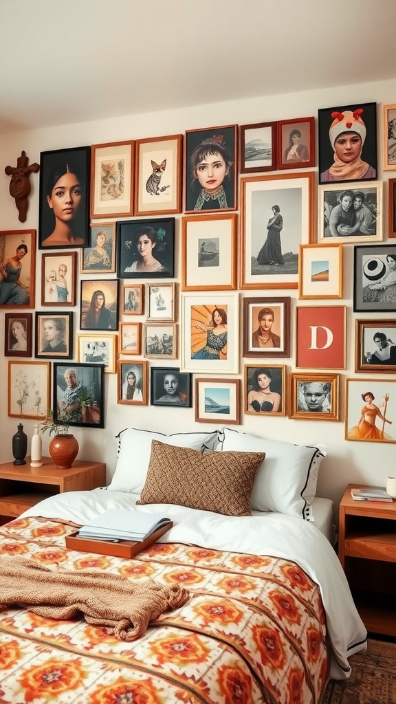 A boho bedroom featuring a colorful gallery wall filled with various framed artworks and photographs.