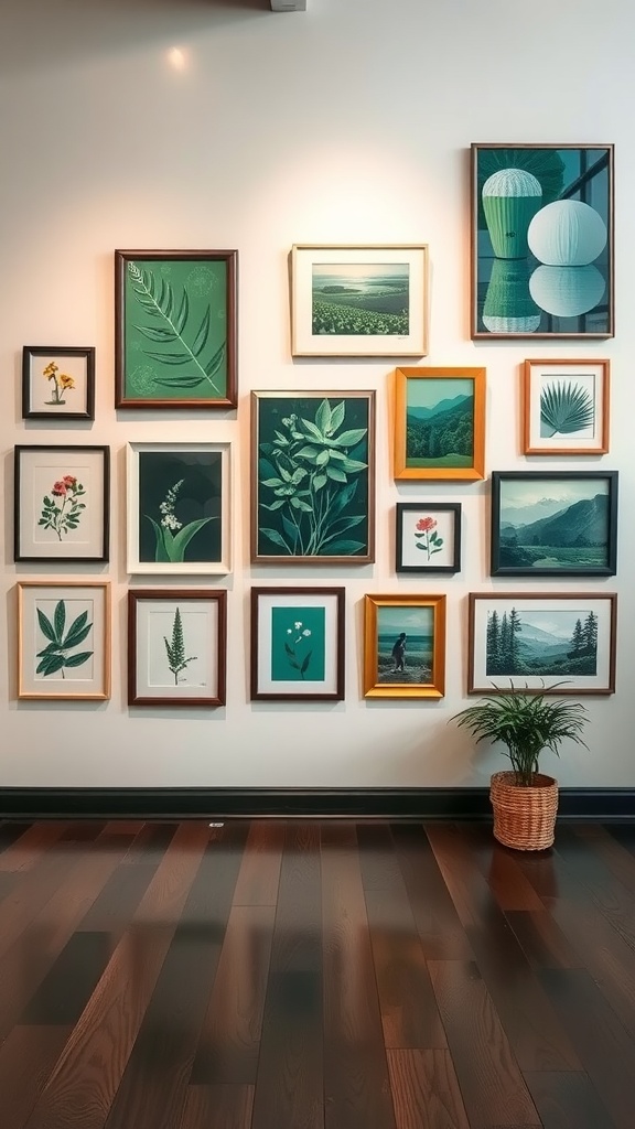 A gallery wall featuring various green-themed artwork in different frames, complemented by a small potted plant.
