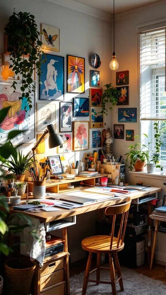 A cozy artistic studio with creative supplies, featuring a desk with art materials and colorful artwork on the walls.