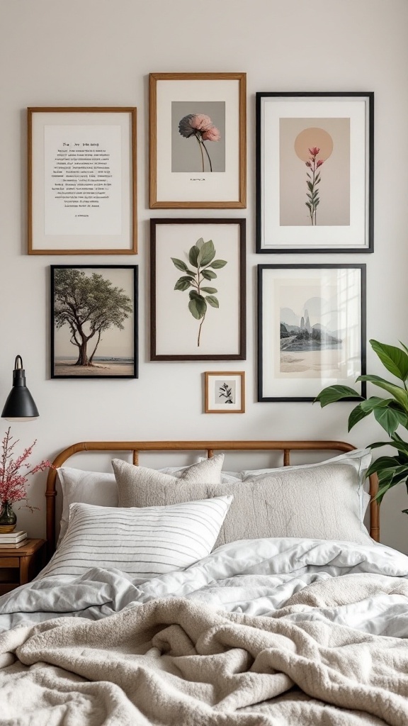 Artistic wall art displays above a cozy bed, featuring a variety of framed botanical prints and poetic text.