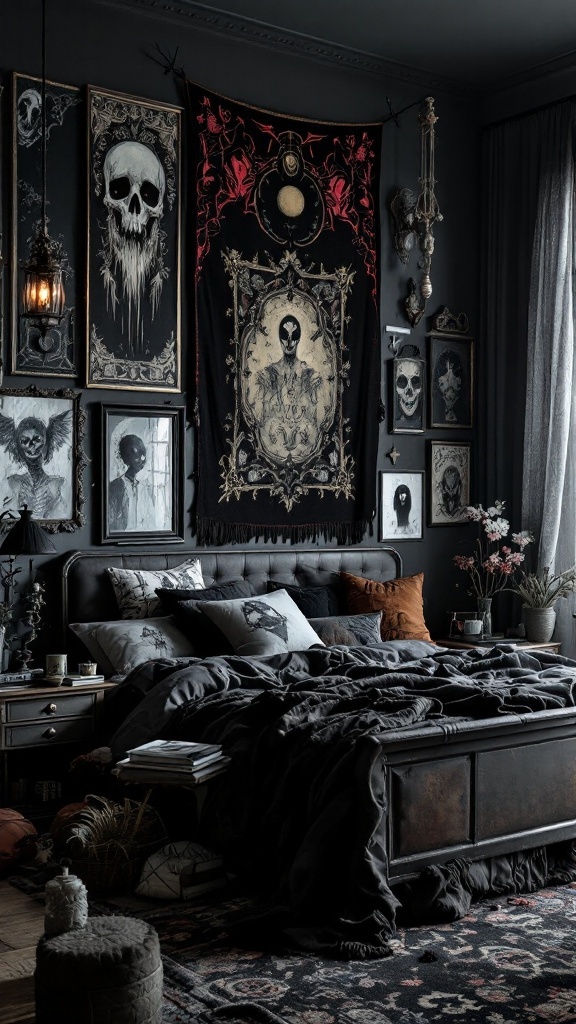 A dark, artistic bedroom wall featuring a mix of framed skull art and a large tapestry, creating a moody and unique atmosphere.