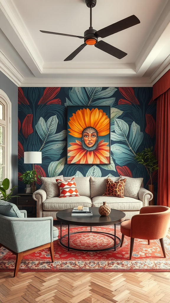 A vibrant living room featuring an artistic wall mural with a large flower and tropical leaves, complemented by stylish furniture.