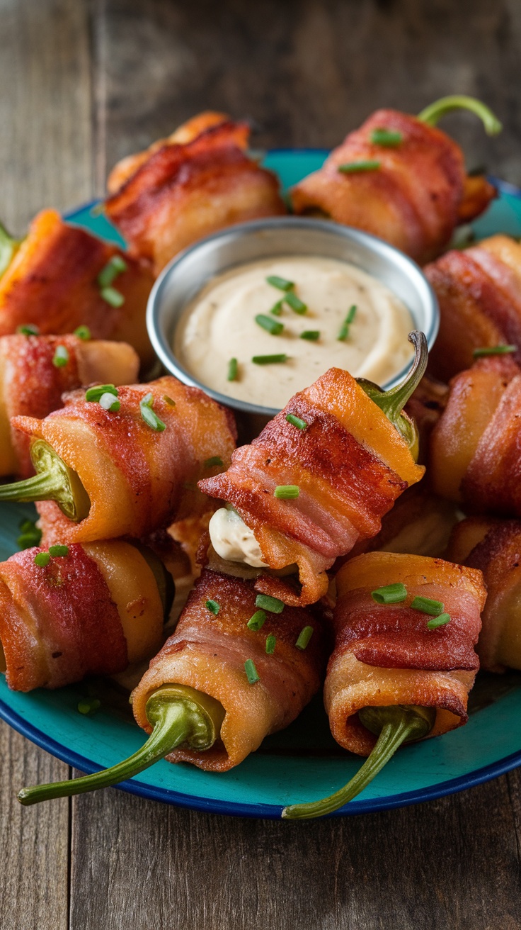 A plate of bacon-wrapped jalapeño poppers served with a creamy dip.