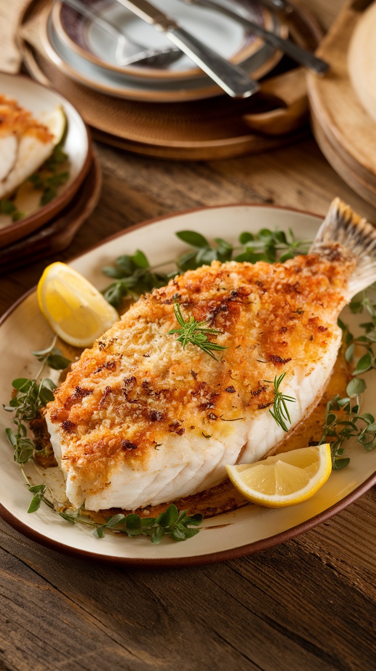 Baked cod with a golden Parmesan crust served with lemon slices and herbs.