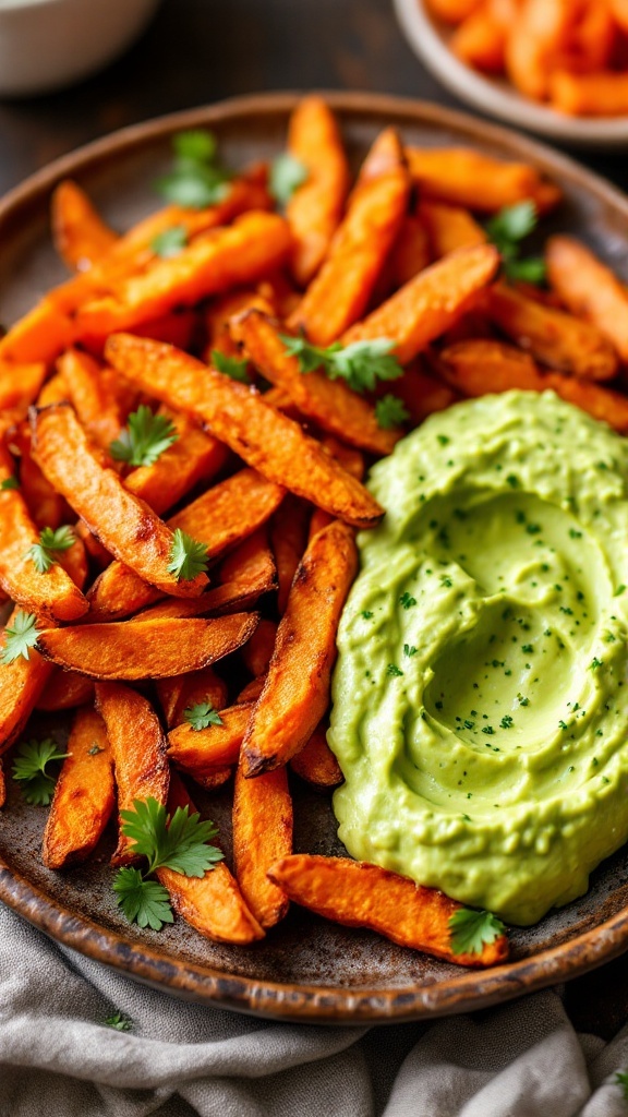 Plate of baked sweet potato fries with a creamy avocado dip and fresh cilantro garnish