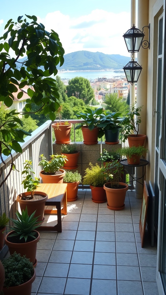 A balcony filled with potted plants and a view of mountains and water in the background.