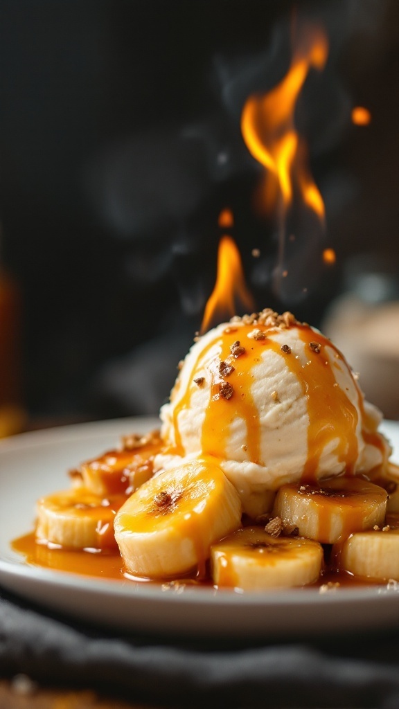 Delicious Bananas Foster dessert with ice cream and caramel sauce