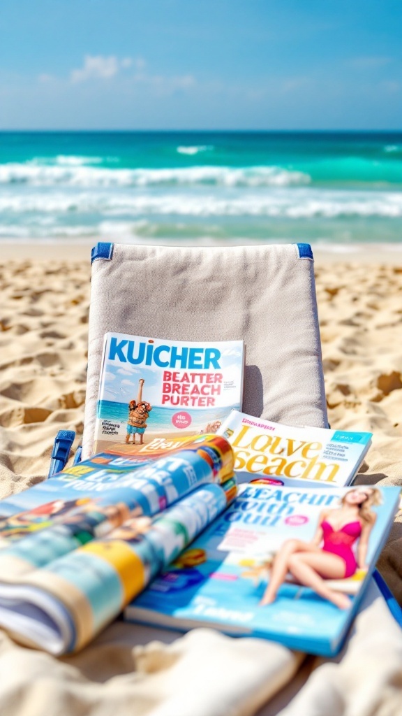 Beach magazines and a chair on sandy beach with ocean in the background