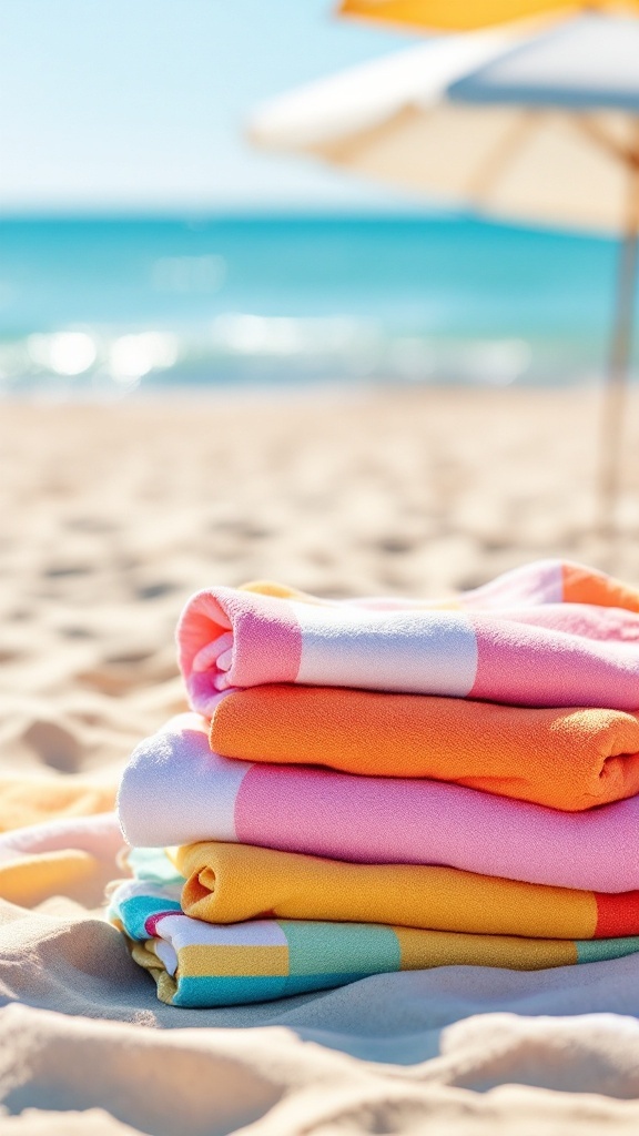 A stack of colorful beach towels on sandy beach