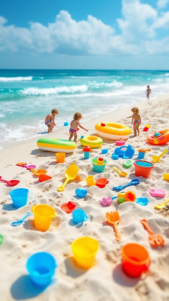 A collection of colorful beach toys including buckets, shovels, and inflatable items