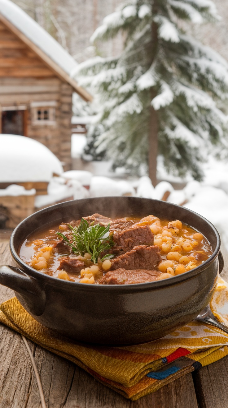 A steaming bowl of beef and barley soup, perfect for winter.