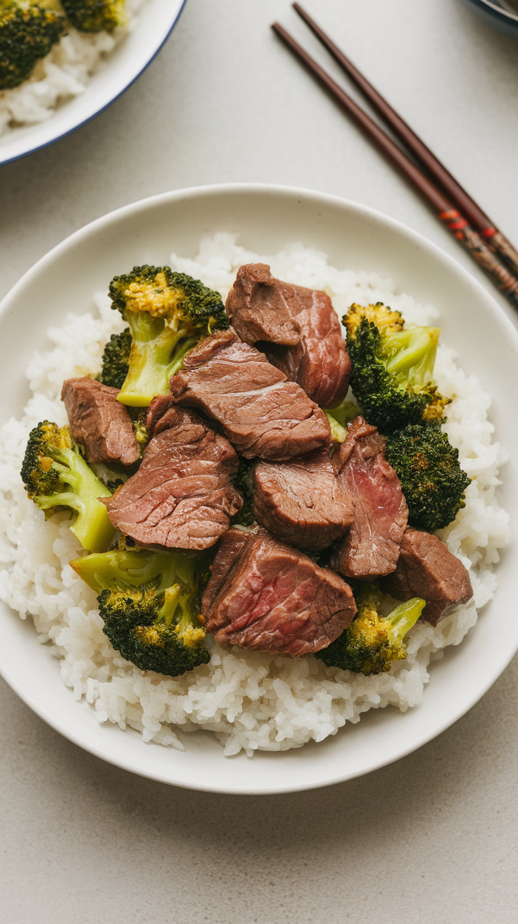 A delicious beef and broccoli stir-fry served over rice in a bowl.