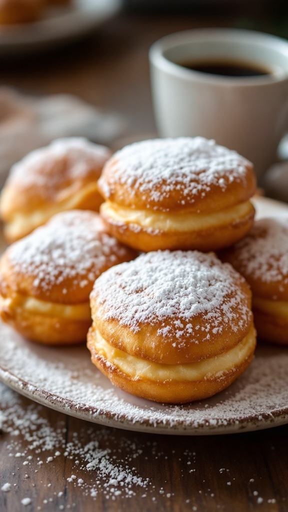 Delicious beignets dusted with powdered sugar on a plate.
