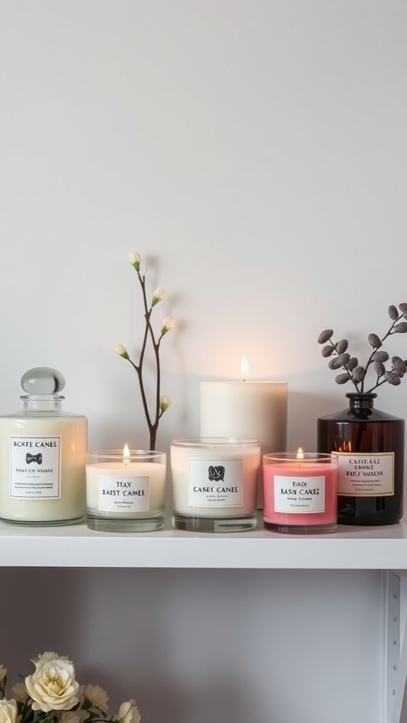 A selection of assorted scented candles on a shelf.