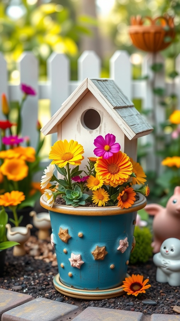 A colorful birdhouse flower pot surrounded by bright flowers in a garden setting.