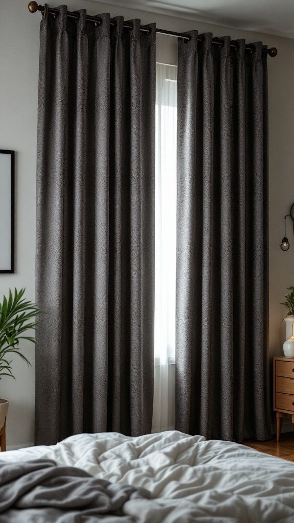 Dark blackout curtains in a cozy bedroom setting