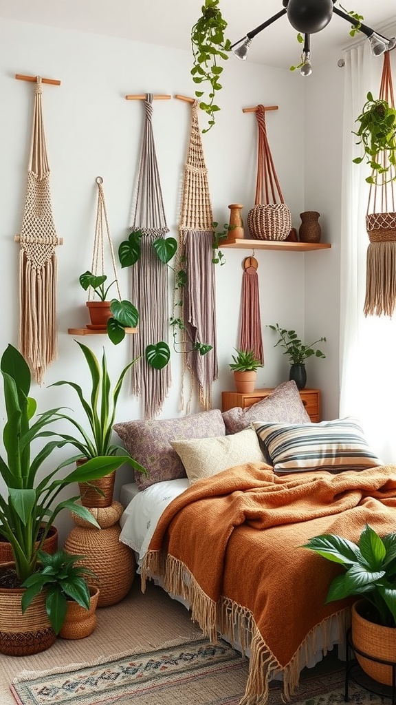 A bohemian-inspired bedroom with a cozy bed, plants, and macramé wall hangings.