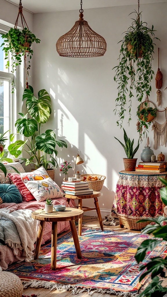 A bohemian chic bedroom with vibrant colors, plants, and cozy furnishings.