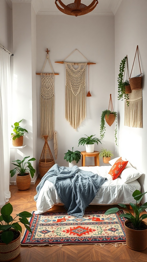 Cozy bohemian chic bedroom with macrame accents and plants.