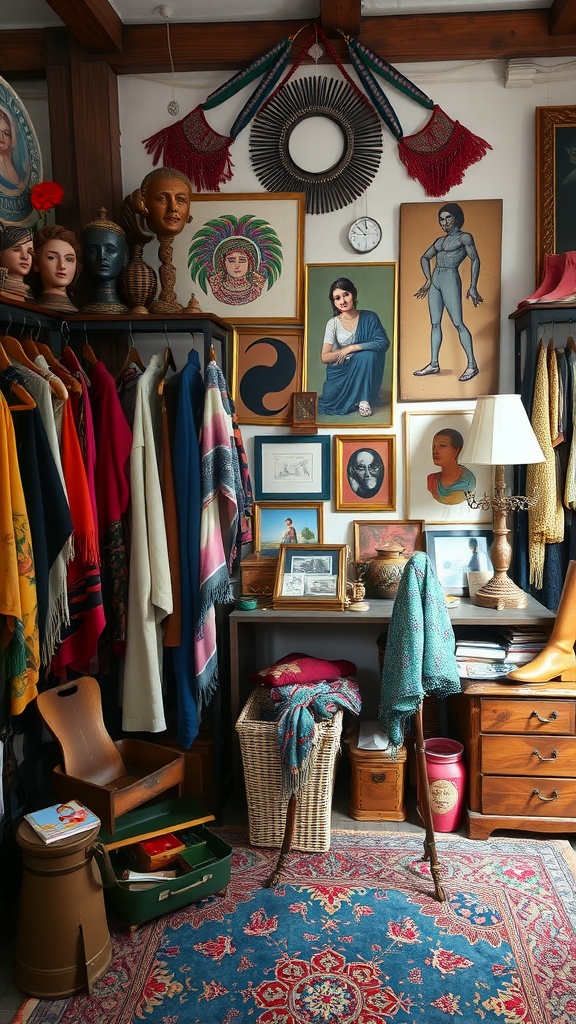 A vintage dressing room showcasing a bohemian eclectic style with colorful clothing, art pieces, and eclectic decor.