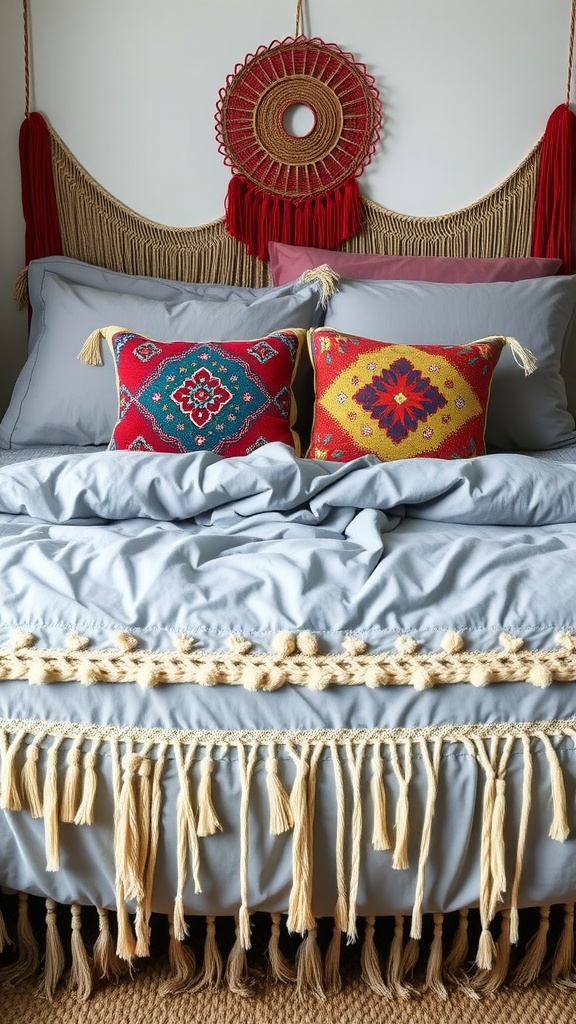 Bohemian grey bedding with fringe details and colorful patterned pillows.
