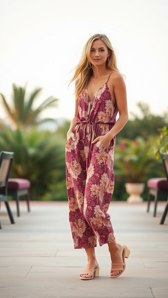 A woman in a floral jumpsuit standing in a garden with comfortable block heel sandals