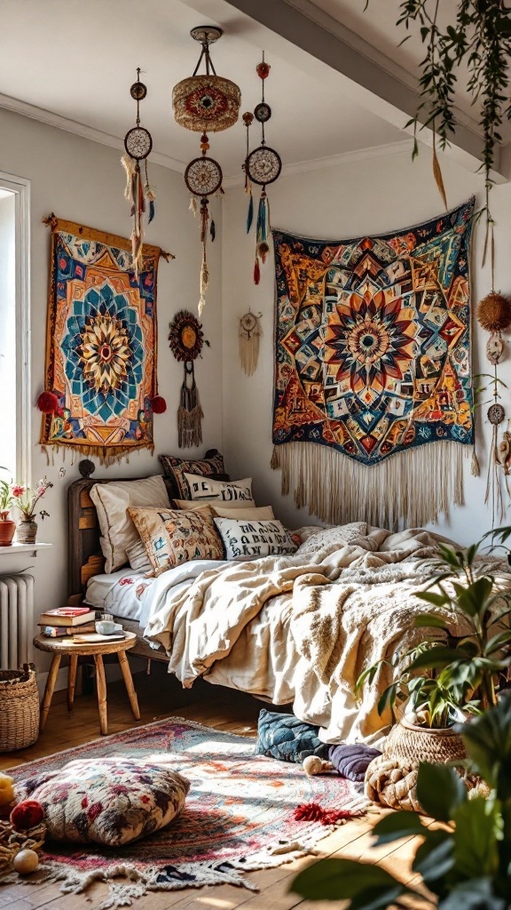 A cozy teenage girl's bedroom with colorful tapestries and dreamcatchers, featuring a comfy bed and plants.
