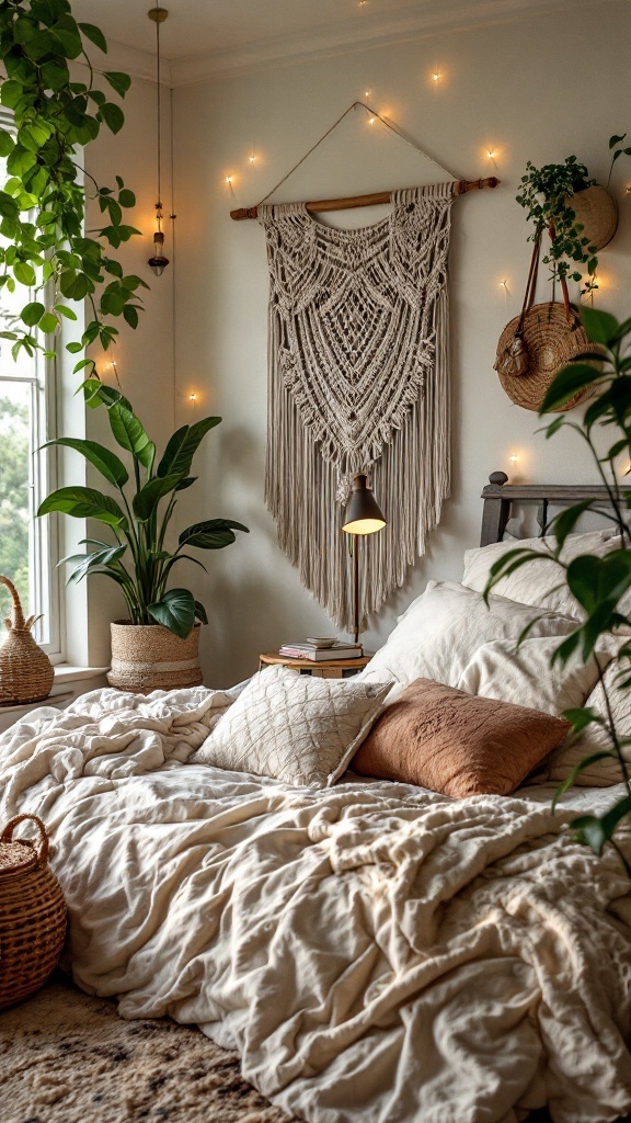 A cozy bohemian bedroom featuring a macramé wall hanging, soft bedding, and plants.