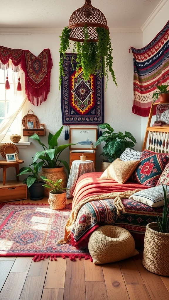 A cozy bohemian bedroom featuring rich textiles, colorful tapestries, plants, and warm lighting.