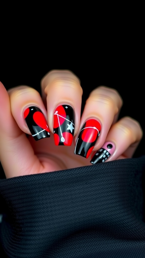 Nail art featuring bold black and red contrast with playful designs.