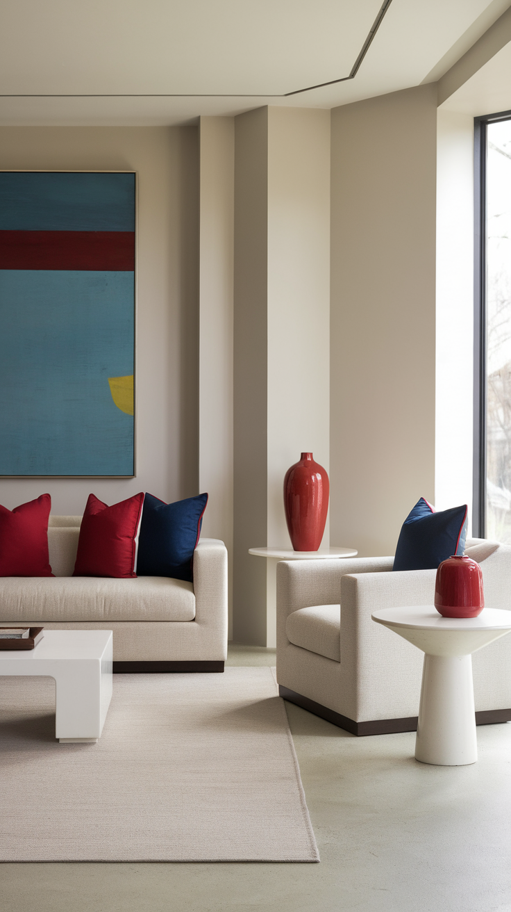 A modern living room featuring a neutral sofa and chairs with bold red and blue pillows, complemented by decorative vases.