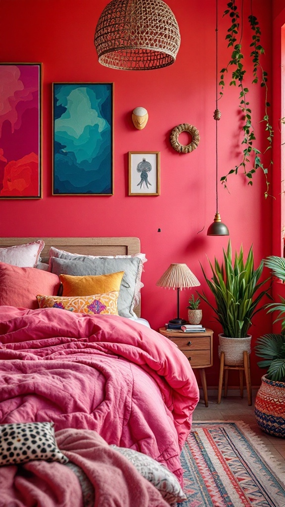 A vibrant boho bedroom with pink walls, colorful pillows, and artwork.