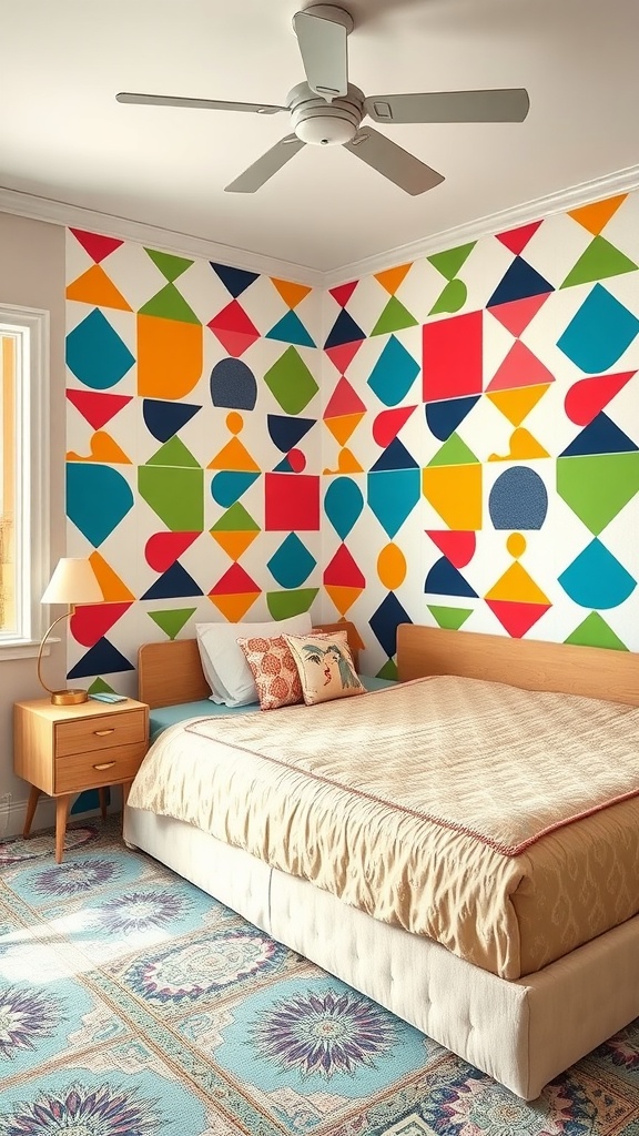 A vibrant retro bedroom with bold geometric patterns on the wall, featuring colorful shapes and a cozy bed.