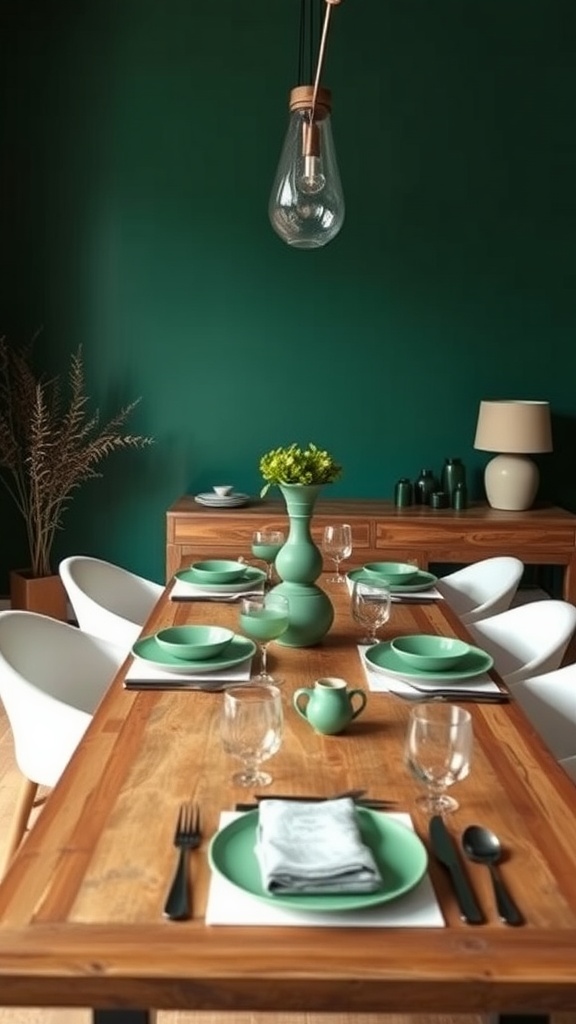 A stylish dining room featuring a bold green wall, wooden table set with green tableware, and a unique light fixture.