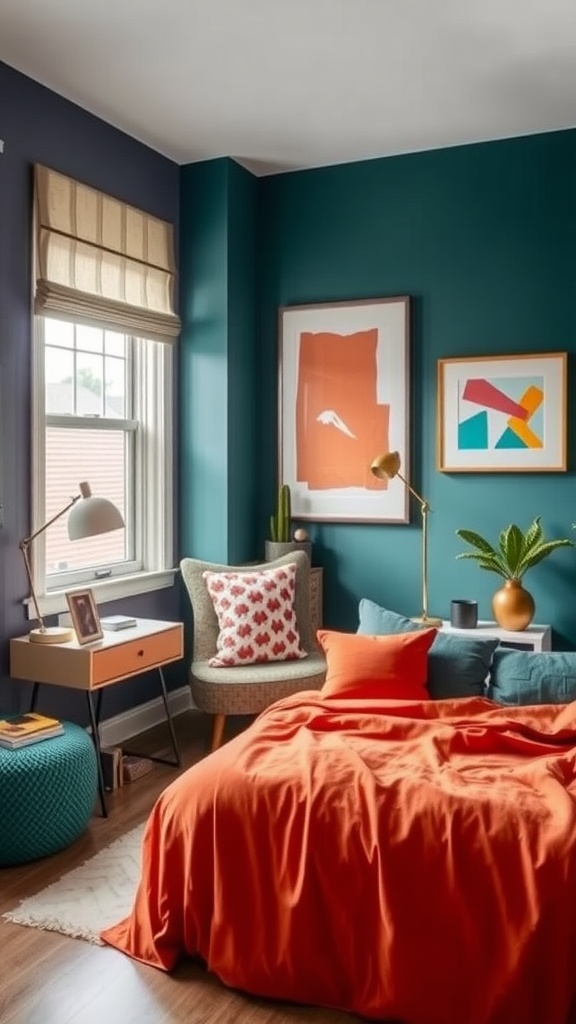 A small bedroom featuring teal walls, bold orange bedding, and stylish furniture.